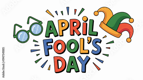 Colorful april fool's day logo with jester hat and glasses on white background festive design