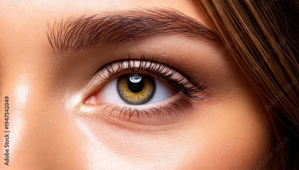 Fototapeta premium Detailed Close-Up of a Hazel Eye with Natural Eyebrow.