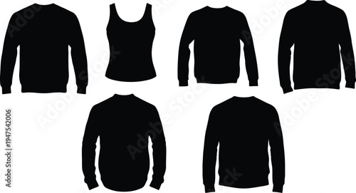 Collection of six casual men's and women's apparel silhouettes, black vector icons of sweatshirts, tank tops, and long-sleeve shirts isolated on white.