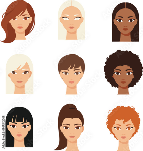 Set of diverse female portraits with various hairstyles and skin tones representing beauty diversity and multicultural identity vector