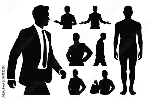 Black silhouettes of people in various poses white background