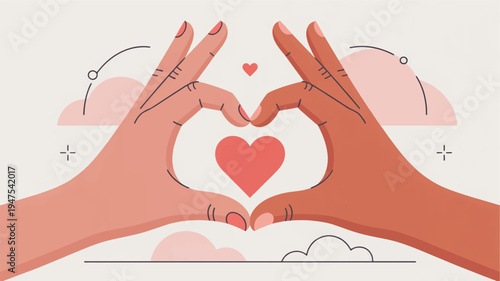Two hands forming heart shape with red heart on white background love concept affectionate gesture