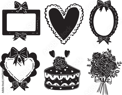Hand drawn romantic decorative elements collection featuring hearts frames flowers and celebration icons