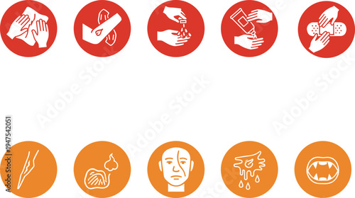 Set of medical and first aid icons representing injury treatment skin conditions and healthcare procedures vector illustration
