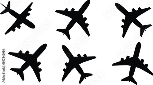Collection of six commercial airplane silhouettes, black vector icons of modern passenger jets in various flight angles and views isolated on white.