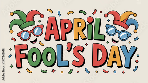 Colorful april fool's day celebration text with jester hats and confetti on beige background