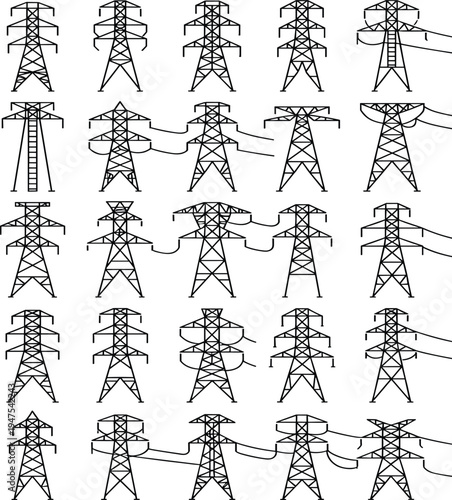 Collection of blue electric power transmission tower vector icons showcasing various high voltage pylons and overhead line structures isolated on white background