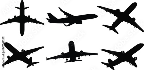 Collection of six commercial airplane silhouettes, black vector icons of passenger jets from multiple flight angles isolated on white.
