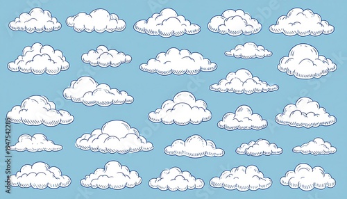 A collection of various, cartoon-style cloud formations with detailed linework are set against a light-blue sky background
