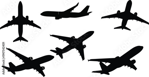 Collection of six commercial airplane silhouettes, black vector icons of passenger jets in flight and takeoff positions isolated on white.
