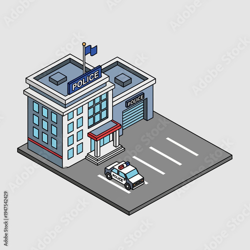 Isometric illustration of a police station with a patrol car parked on the street.