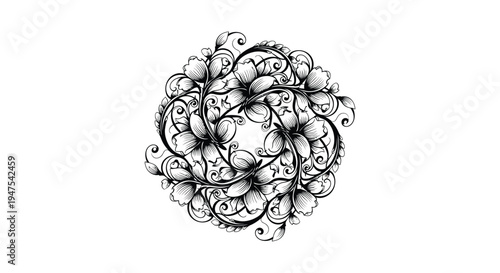 Intricate floral design forming a circular pattern exhibiting a delicate black silhouette high quality professional detailed