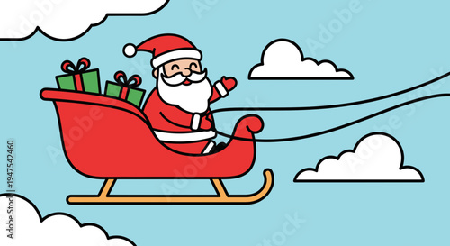 Santa Claus joyfully riding a red sleigh filled with gifts, soaring through a clear blue sky with fluffy white clouds in a playful cartoon style
