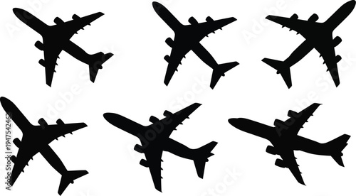 Collection of six commercial airplane silhouettes, black vector icons of passenger jets in flight isolated on white background.