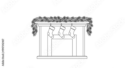 Line art of a fireplace adorned with a festive garland and hanging stockings, minimalist black and white illustration with a cozy holiday theme