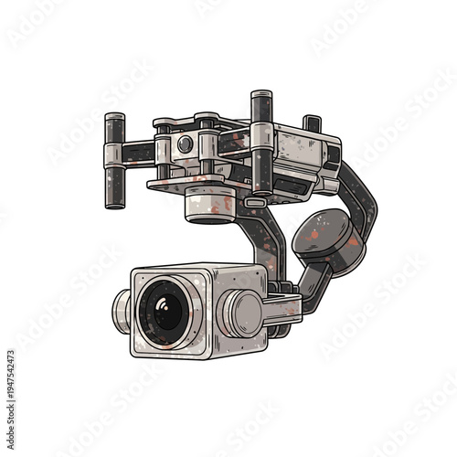 Drone camera gimbal mechanism on white background