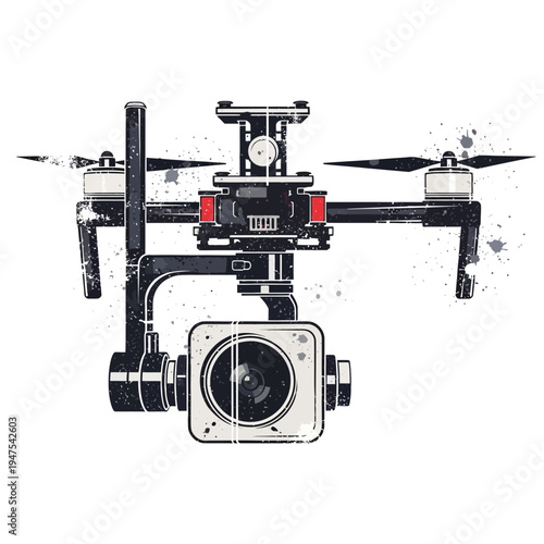 Modern drone with camera and gimbal, isolated on white background, grunge style.