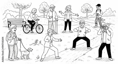 Lively outdoor scene with active seniors engaging in various activities like cycling, walking dogs, and exercising in a serene park setting, outdoors