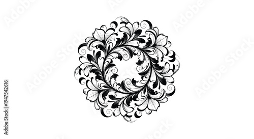 Intricate floral design forming a circular pattern showcasing a striking black silhouette high quality professional detailed