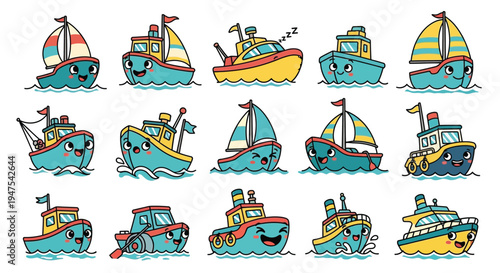 Cute cartoon boat and ship character set with smiling faces