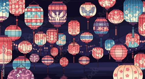 Colorful lantern festival display with intricate patterns illuminating the night sky, creating a vibrant and festive atmosphere, against a dark backdrop