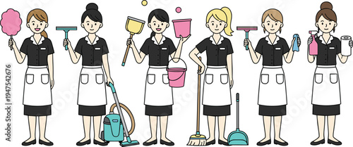 Set of professional cleaning service staff characters holding various housekeeping tools in flat vector illustration style