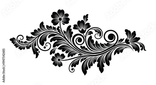 Elegant floral design featuring swirling leaves and blossoms in a striking black silhouette high quality professional