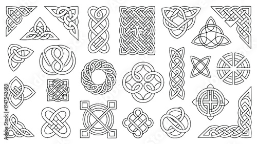 A collection of intricate black and white Celtic knot designs on paper