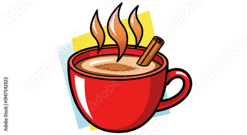 Vibrant illustration of a steaming hot cocoa in a red mug with a cinnamon stick on a colorful abstract background
