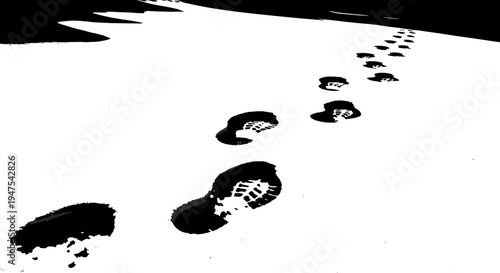 Black and white illustration of footprints in fresh snow creating a stark contrast, leading into the distance, minimalist style