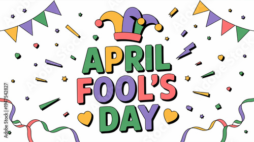 Colorful april fool's day celebration with confetti and jester hat on white background