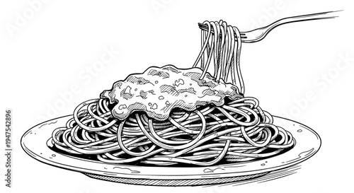 Black and white illustration of spaghetti topped with rich tomato sauce on a plate, with a fork twirling noodles, creating a classic Italian dining scene