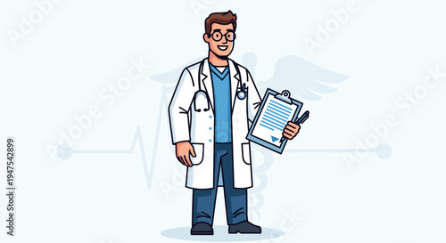 Illustrated doctor in a white coat holding a clipboard, smiling confidently with stethoscope, on a light blue background with medical symbols