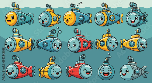 Collection of cute cartoon submarine characters with different emotions