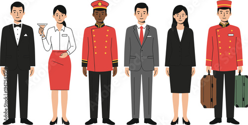Set of professional hotel staff characters including receptionists, bellhops, and business guests in flat vector illustration style