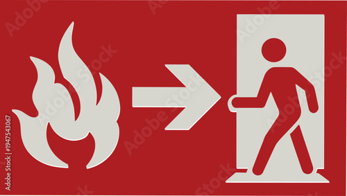 Fire emergency exit sign with running person and arrow symbol showing evacuation direction, safety warning icon for building escape route and fire safety guidance