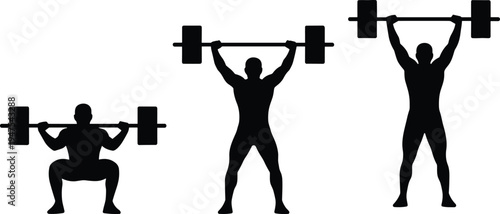 Set of weightlifting silhouettes showing man performing barbell squats and overhead press exercises for fitness and bodybuilding vector