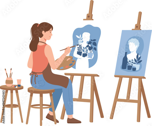 Young female artist painting on canvas in art studio with easel palette and brushes for creative hobby vector illustration