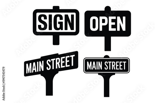Black and white street and business signs on white background