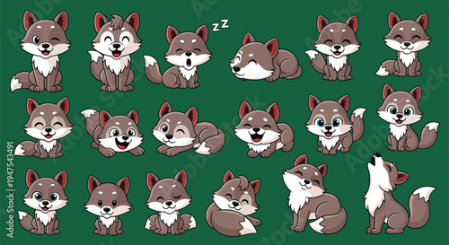 Set of cute wolf pup cartoon characters in different positions