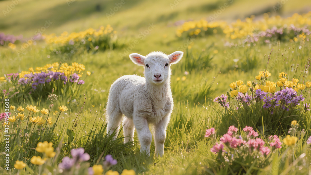 Fototapeta premium baby Lamb Standing in a Spring Meadow with Flowers