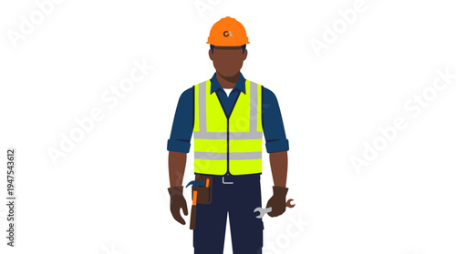 Flat Vector Illustration of an African American Construction Worker in Safety Gear Holding Tools on White Background