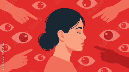 Conceptual Illustration of a Woman Facing Social Pressure, Judgment, and Public Scrutiny with Pointing Hands and Watching Eyes on a Red Background