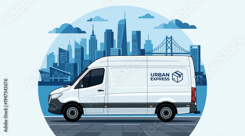 Flat Vector Illustration of a White Cargo Van with Urban Express Branding for Logistics and Delivery Services in a Modern Cityscape