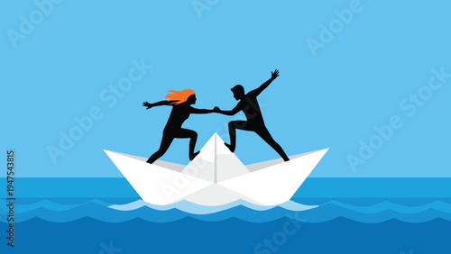 Businessman with a red tie and hands behind his back looks up while appearing on a smartphone screen decorated with colorful tropical leaves.