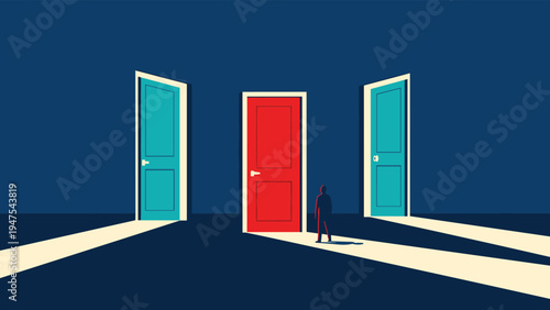 Silhouettes of a man and a woman hold hands as they balance on a white paper boat floating in the middle of a calm blue ocean for teamwork concept.