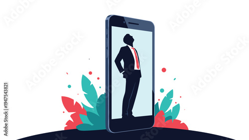 Confident businessman with a red tie and hands on hips appears inside a smartphone screen surrounded by decorative green leaves and red dots.