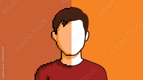 Graphic Design Evolution Concept: Comparison of Retro Pixel Art and Modern Smooth Vector Illustration of a Male Avatar on Orange Background