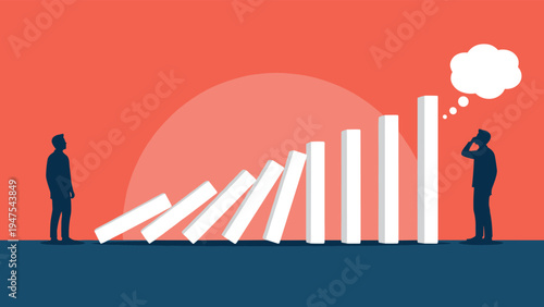 Man in a yellow shirt stands before a giant cracked earth canyon under a large sun representing environmental or business challenges and risk.