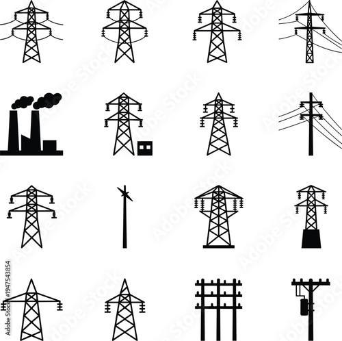 Set of electrical transmission towers and power line icons including utility poles, substation structures, and industrial energy silhouettes isolated on white background.